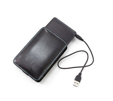 Black external hard disk on white background