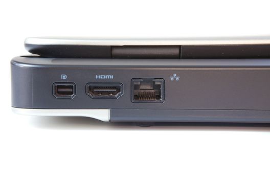 modern hi-end laptop computer with HDMI and LAN on white background