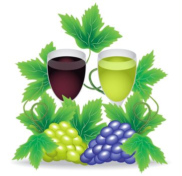 glasses of red and white wine grapes on a background of green and red grapes vector illustration