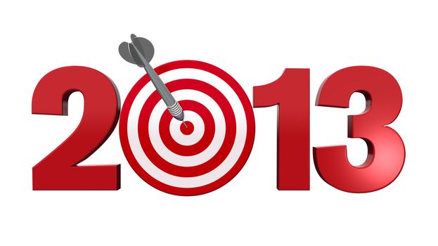 Next New Year 2013. Number with red and white target, one dart hits the center of the target - 3d render illustration - success in business concept.