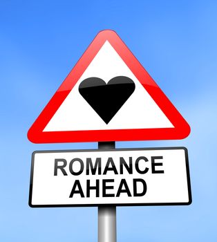Illustration depicting red and white triangular warning road sign with a romance concept. Blue blurred background.