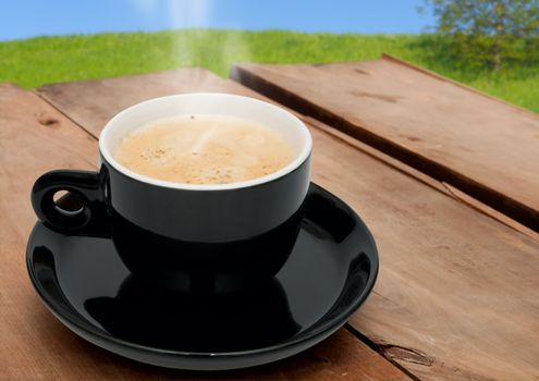 Espresso Coffee on Wooden Table - Outdoors