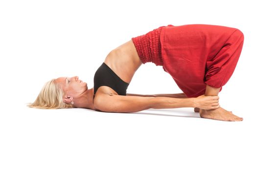 Full set of yoga asanas. Practicing Yoga. Young woman in traditional yoga clothes isolated on white background