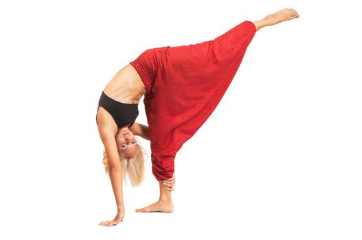 Full set of yoga asanas. Practicing Yoga. Young woman in traditional yoga clothes isolated on white background