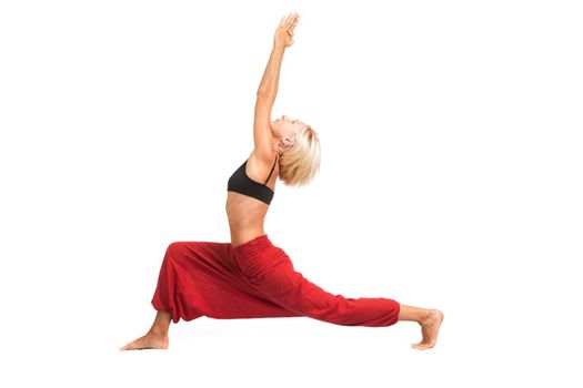 Full set of yoga asanas. Practicing Yoga. Young woman in traditional yoga clothes isolated on white background