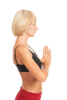 Full set of yoga asanas. Practicing Yoga. Young woman in traditional yoga clothes isolated on white background