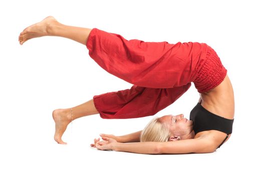 Full set of yoga asanas. Practicing Yoga. Young woman in traditional yoga clothes isolated on white background