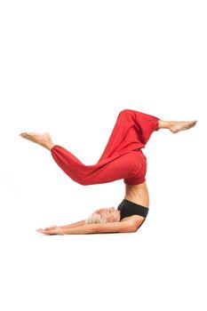 Full set of yoga asanas. Practicing Yoga. Young woman in traditional yoga clothes isolated on white background