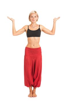 Full set of yoga asanas. Practicing Yoga. Young woman in traditional yoga clothes isolated on white background