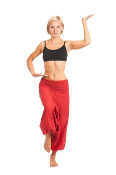 Full set of yoga asanas. Practicing Yoga. Young woman in traditional yoga clothes isolated on white background