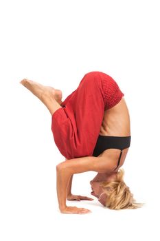 Full set of yoga asanas. Practicing Yoga. Young woman in traditional yoga clothes isolated on white background