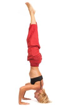 Full set of yoga asanas. Practicing Yoga. Young woman in traditional yoga clothes isolated on white background