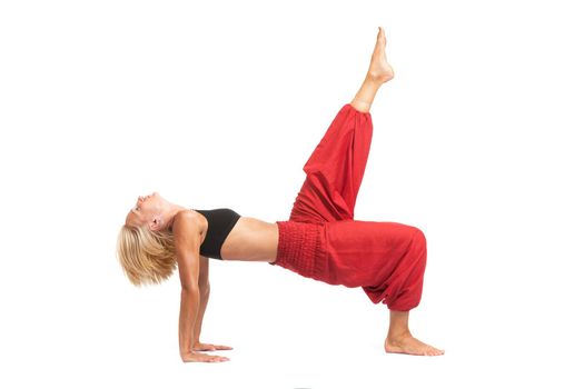 Full set of yoga asanas. Practicing Yoga. Young woman in traditional yoga clothes isolated on white background