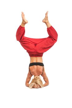 Full set of yoga asanas. Practicing Yoga. Young woman in traditional yoga clothes isolated on white background