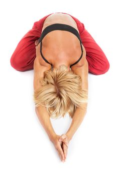 Full set of yoga asanas. Practicing Yoga. Young woman in traditional yoga clothes isolated on white background