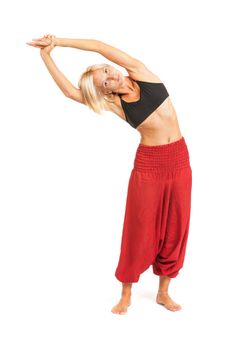 Full set of yoga asanas. Practicing Yoga. Young woman in traditional yoga clothes isolated on white background