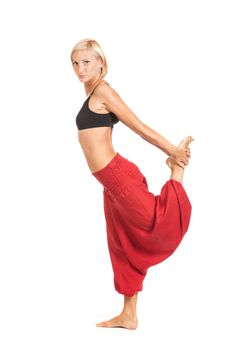 Full set of yoga asanas. Practicing Yoga. Young woman in traditional yoga clothes isolated on white background