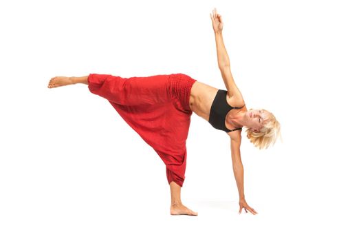 Full set of yoga asanas. Practicing Yoga. Young woman in traditional yoga clothes isolated on white background