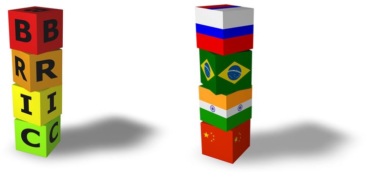 3d design rendered formed by the BRIC countries Brazil, Russia, India and China