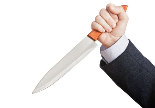 Murderer business man hand holding sharp steel kitchen knife weapon