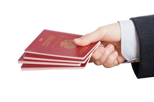 Business man hand holding international passport ID document for person identification