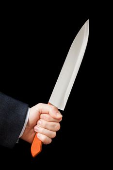 Murderer business man hand holding sharp steel kitchen knife weapon