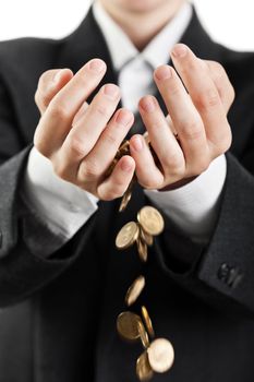 Business man hands holding finance currency coins