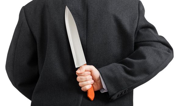 Murderer human hand holding sharp steel kitchen knife weapon