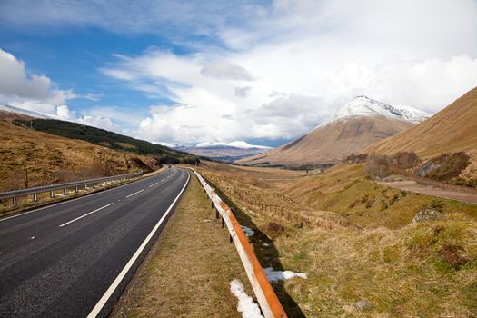 Countryside Road Highway of Highlands Scotland with Beautiful Snow Mountain Range