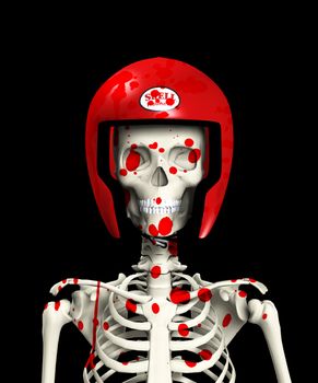 A bloody skeleton that is wearing a protective helmet.