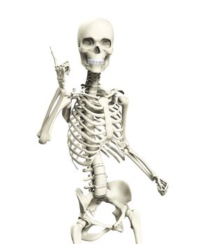 A skeleton that is posed in a very quizzical pose.