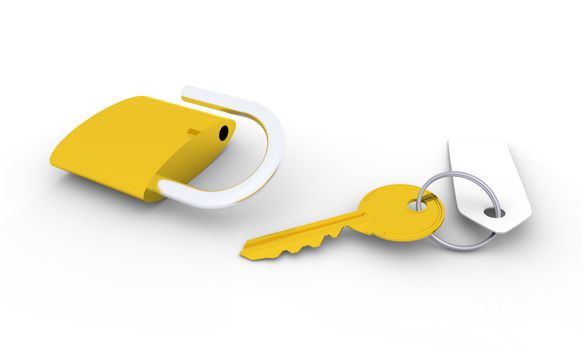 Golden key with blank tag and unlocked golden padlock