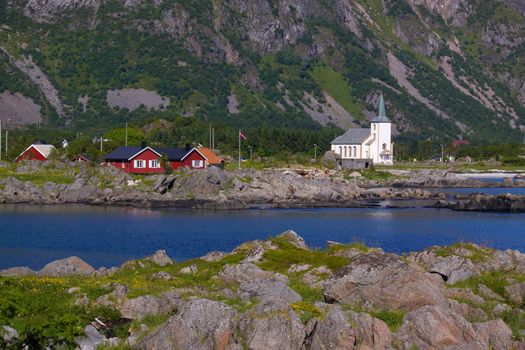 Picturesque village of Vestpollen on Lofoten islands in Norway