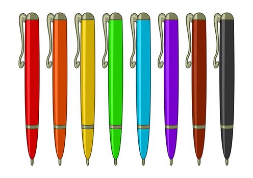 Pens, ball-points, multi-coloured set: six colours of a rainbow, brown and black