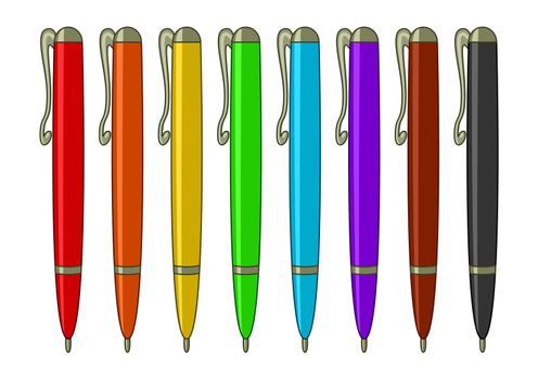 Pens, ball-points, multi-coloured set: six colours of a rainbow, brown and black