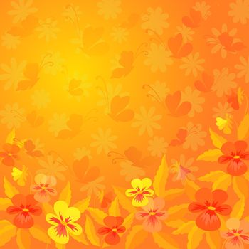 Abstract red, orange, and yellow background: pansies flowers and butterflies silhouettes