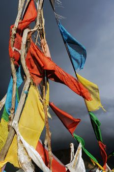 View of colorful prayer flags in Tibet