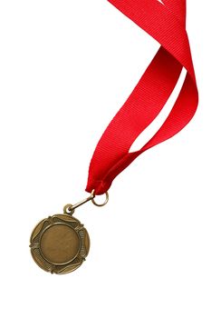 Bronze or gold medal with nice long red ribbon on white background. Isolated with clipping path