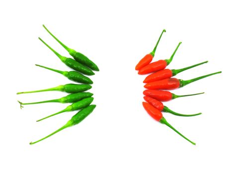 Red and green chili peppers separate in two sides on white background