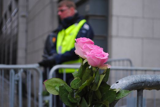A rose outside of Oslo Courthouse during the trial against terrorist Anders Behring Breivik. A security guard in the background.
