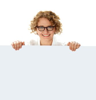 Female business professional showing blank clipboard to camera isolated on white