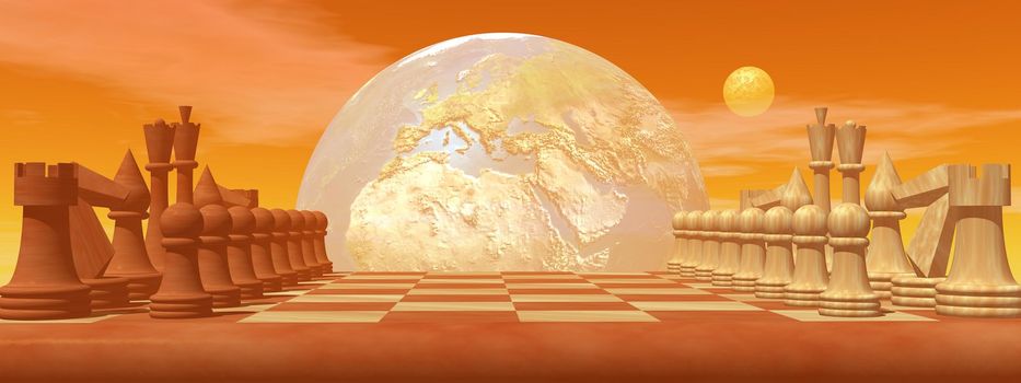 Chess and an earth trying to convey global business strategy in brown background