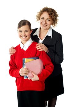 Teacher with her student. Shot in studio over white