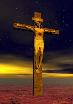 Jesus Christ on the cross in a desert place by night