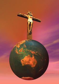 Jesus Christ on the cross upon the earth in colorful background