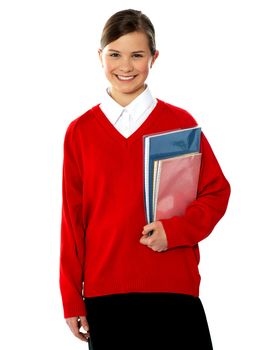 Portrait of a sweet small girl against white background