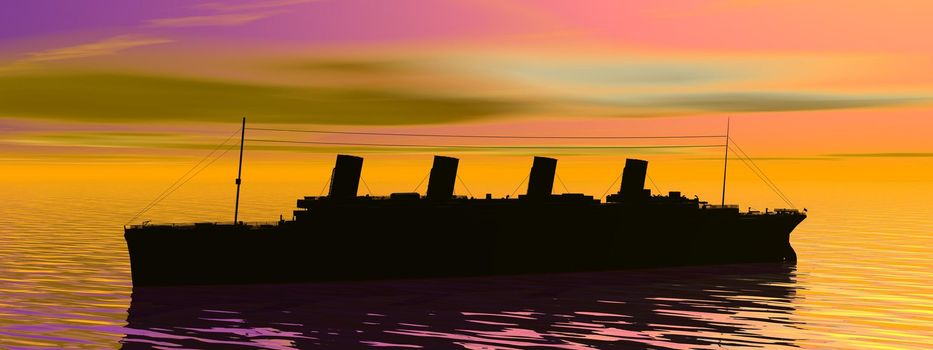 Shadow of Titanic boat on the ocean by sunset
