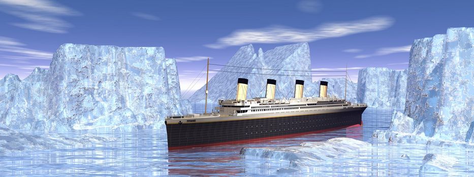 Titanic boat among big icebergs in cold northern ocean water