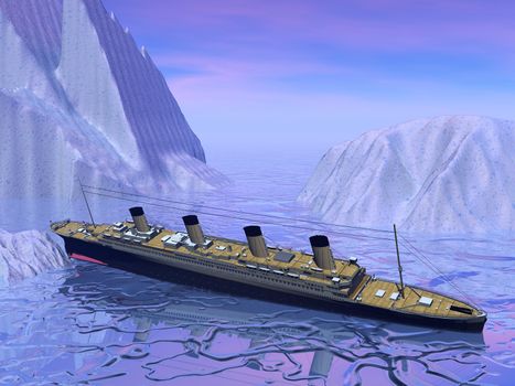 Titanic boat among next to big icebergs sinking in cold northern ocean water