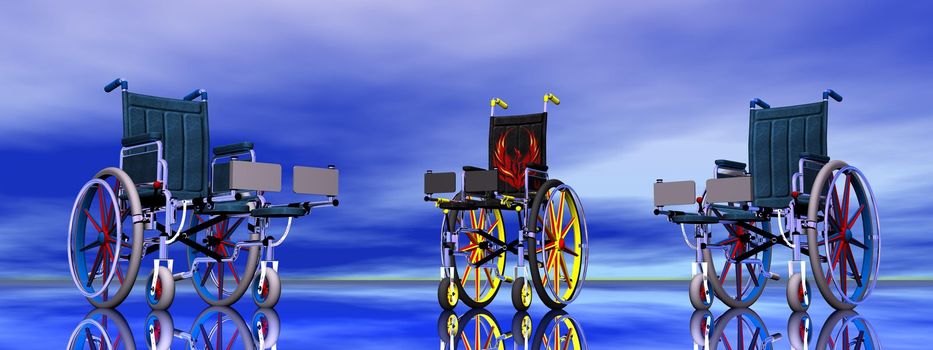Three wheel chairs in blue background